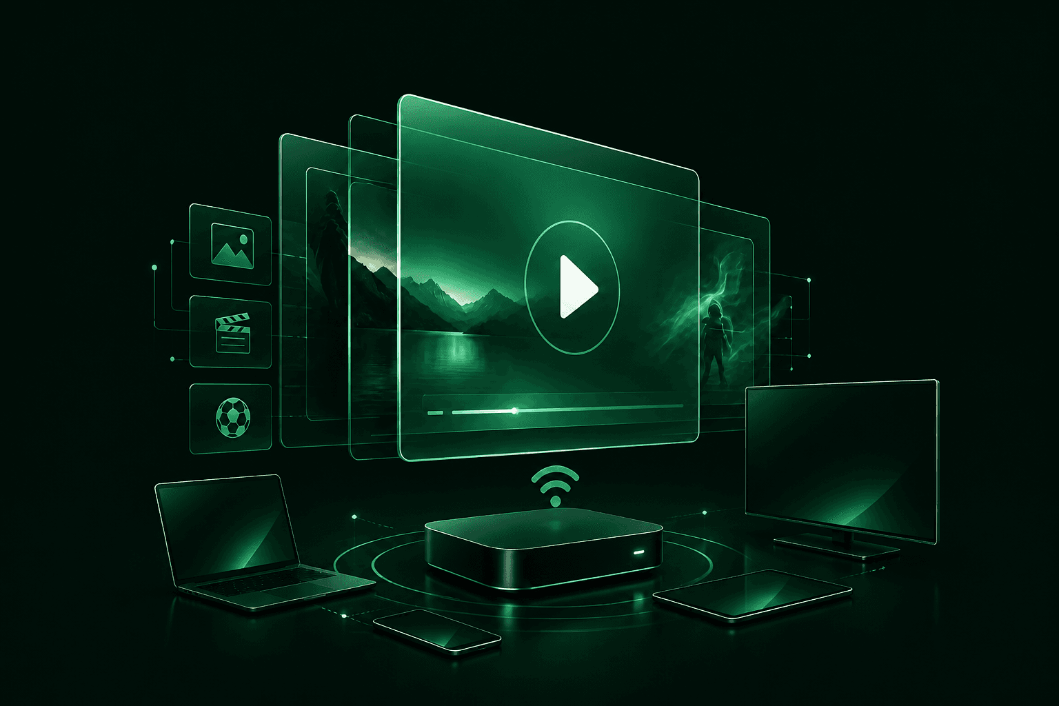 Emerald streaming screens connecting televisions, computers, tablets and phones